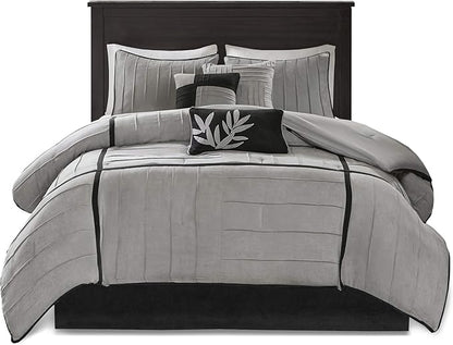 Madison Park Cozy Comforter Set Casual Blocks Design All Season, Matching Bed Skirt, Decorative Pillows, Queen(90"x90"), Dune Suede, Black Grey, 7 Piece