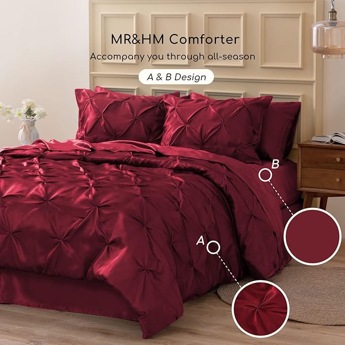 MR&HM Satin Comforter Twin XL 5 Pieces - Luxurious Pinch Pleat Bedding Set with Comforter, Flat Sheet, Fitted Sheet, Pillowcase & Sham, Super Silky Soft Bed Set for All Season (Twin XL, Burgundy)