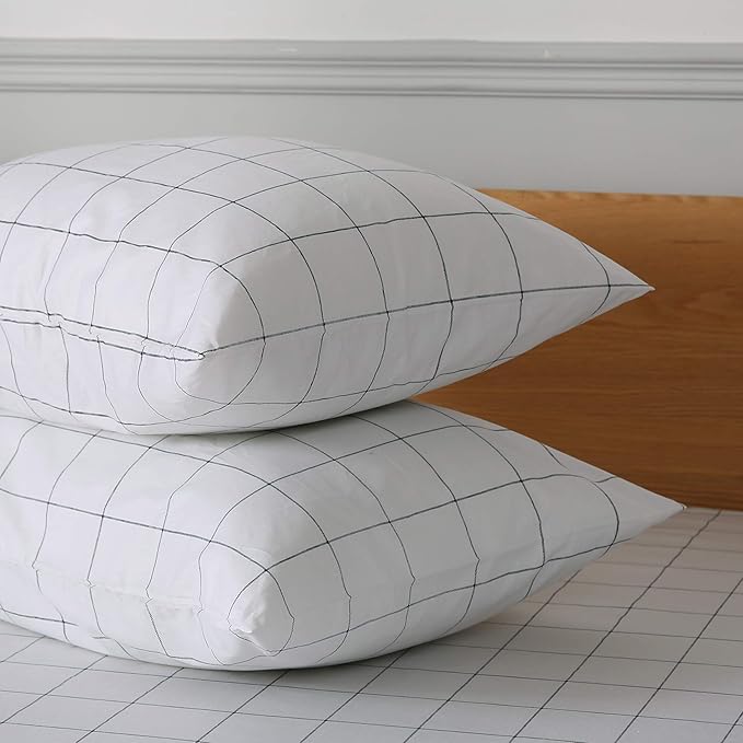 JELLYMONI 100% Natural Cotton 3pcs Plaid Duvet Cover Sets,White with Black Grid Geometric Pattern Printed Comforter Cover,with Zipper Closure & Corner Ties(Queen Size)