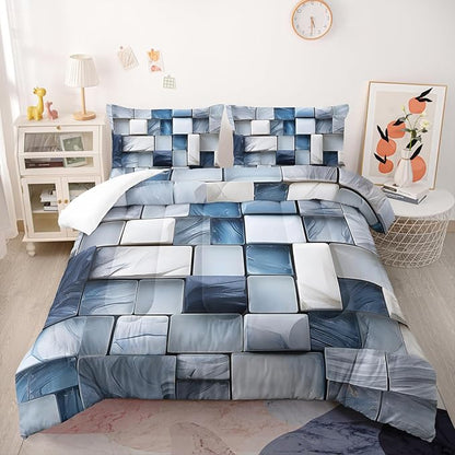 Blue Gray Checkered Comforter Set Queen 3D Grid Bedding Sets 3PCS for Kids Teen Adult Boy Room Decor Ultra-Soft Lightweight Microfiber 1 Comforter with 2 Pillowcases