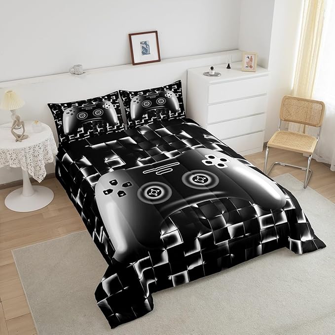Erosebridal Gaming Comforter for Boys Teens Game Bedding Set for Kids Gamer Comforter Set for All Season Gamepad Room Decor Duvet Quilt Full Size,1 Comforter with 2 Pillowcases Neon Black White Grey