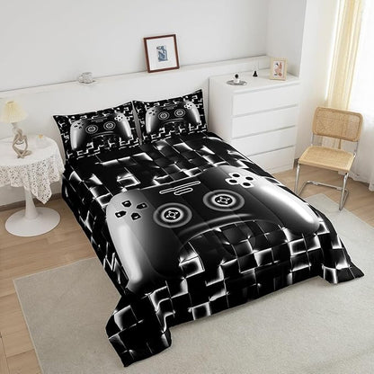 Erosebridal Gaming Comforter for Boys Teens Game Bedding Set for Kids Gamer Comforter Set for All Season Gamepad Room Decor Duvet Quilt Queen Size,1 Comforter with 2 Pillowcases Neon Black White Grey