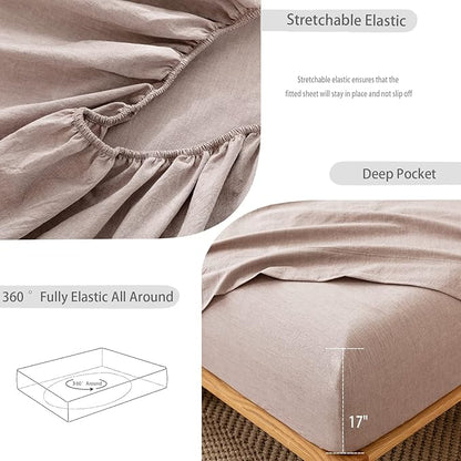 MooMee Fitted Bottom Sheet Only 100% Washed Cotton Linen Like Textured Breathable Durable Soft Comfy Deep Pocket Fits Mattress up to 17" (Mauve Brown, King)