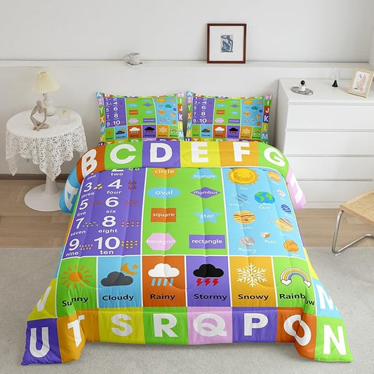 Castle Fairy Alphabet Twin Size Down Comforter Set,Educational Weather Planets Number Duvet/Quilt Set Soft Bed Collection,Watercolor Patchwork Bedding Comforter for Boys Girls Bedroom,2 Pcs