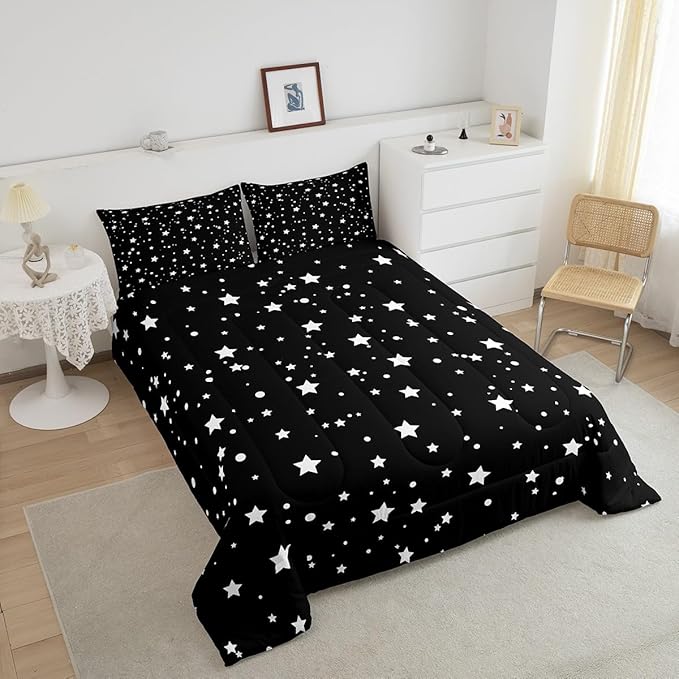 Starry Sky Comforter Set King Size Galaxy Star Bedding Set for Kids Boys Girls, Outer Space Down Comforter, Black and White Geometric Polka Dots Quilt Set Warm Soft Bedroom Decor 2 Pillow Cases