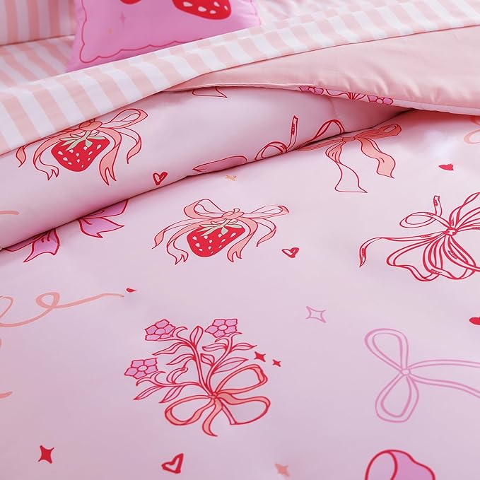 Full Size Comforter Set for Girls-7 Pieces Pink Bow Full Bedding Sets for Kids, Ultra Soft Bed in A Bag with Sheets