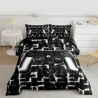 Erosebridal Video Game Full Boys Bedding Set Gamer Kids Comforter Geometric Gaming Bedding Comforter Teen Men Neon Lights Checkered Game Console Bed Set Black White Gradient Gamepad Quilt 3 Piece