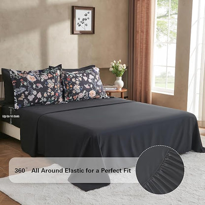 7 Piece King Comforter Set, Black Butterfly Floral Comforter Set with Flowers Leaves Pattern, Soft Microfiber Complete Bedding Set for All Season(Black, King)