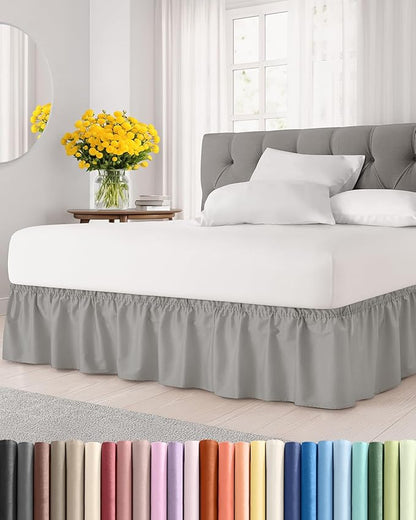 Wrap Around Dust Ruffle Bed Skirt - Light Grey - for Full Size Beds with 18 Inch Drop - Elastic Strap - Adjustable Pleated Bedskirt with Brushed Fabric and Wrinkle Free - for Women, Men, Kids & Teens