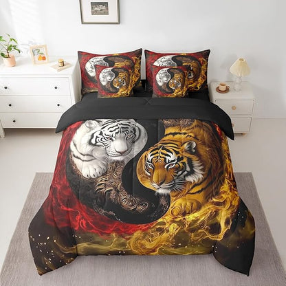 Feelyou Tiger Comforter Set 7 Pieces Queen Size Yin Yang Boho Trippy Bedding Set for Boys Girls Wildlife Bed in a Bag with Comforter, Sheets, Pillowcases & Cushion Covers