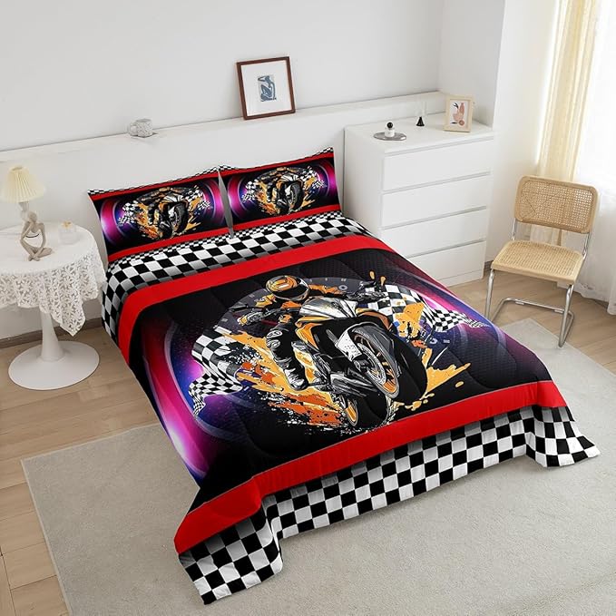 Feelyou Dirt Bike Comforter Set Full Size Flag Comforter for Boys Girls Teens Racing Motocross Rider Bedding Set Extreme Sports Duvet Set Room Decor Black Purple Quilt Set