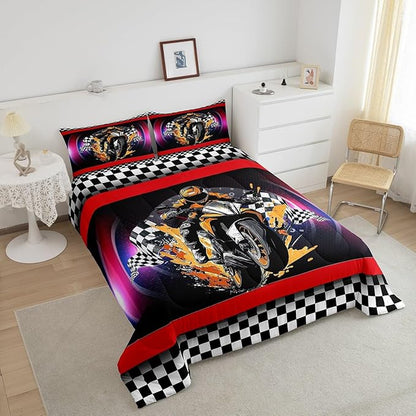 Feelyou Dirt Bike Comforter Set King Size Flag Comforter for Boys Girls Teens Racing Motocross Rider Bedding Set Extreme Sports Duvet Set Room Decor Black Purple Quilt Set