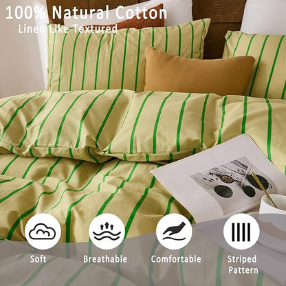 Merryword Striped Duvet Cover Set Queen Size - 100% Cotton Duvet Cover Set, Khaki & Green Stripes Pattern Comforter Cover 3 Pieces, Soft Linen Like Bedding Set for All Seasons