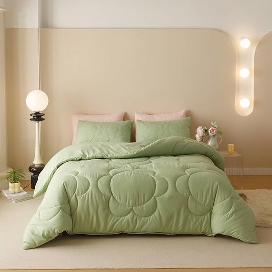 Houseri Sage Green Floral Comforter Set King Sunflower Light Green Fluffy Quilted Comforters King Size Ultra Comfy Bedding Sets Soft Breathable