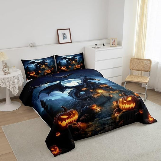Halloween Dragon Comforter Set King Size,Pumpkin Wooden Cabin Bedding Set for Kids Boys Girls Room Decor,Moonlight Bat Wild Animal Duvet Insert 3Pcs,Western Magical Dragon Quilt Set,2 Pillowcases