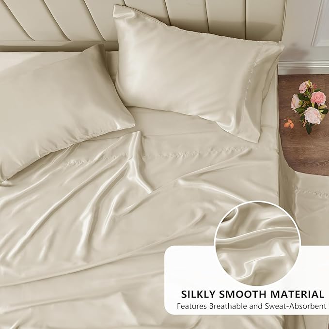 CozyLux Satin Sheets Full Size Sheets - 4 Piece Silky Full Size Bed Sheets, Luxury Beige Full Bed Set with Smooth and Soft Microfiber, Includes 1 Fitted Sheet, 1 Flat Sheet and 2 Pillowcases