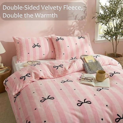 Bedbay Pink Striped Fleece Comforter Set Queen Size Girls Bow Comforter Soft Warm Fleece Velvet Bedding Set Pink Stripes Cute Bow Tie Pattern Fluffy Queen Bed Set 3 Pcs for Boys Girls Teen