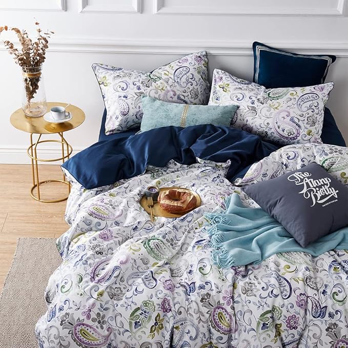 Cupocupa Duvet Cover Set, Queen, Microfiber, White Paisley Pattern, Boho Floral, 3 Pieces