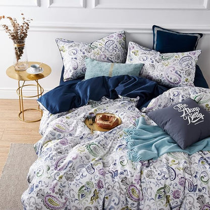 Cupocupa Duvet Cover Set, King, Microfiber, White Paisley Pattern, Boho Floral, 3 Pcs