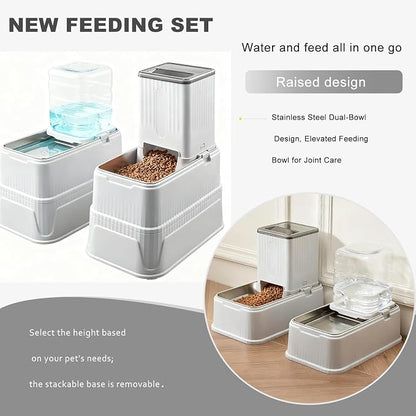 Elevated Dog Bowls Set, 1 Gallon Automatic Gravity Food Feeder & Water Dispenser with Stainless Steel Bowls, Adjustable Elevated Feeder for Small Medium Large Dogs, Anti-Choking & Neck Protection