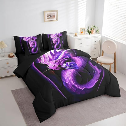 Erosebridal Gothic Dragon Bed in a Bag Queen Comforter Set 7 Piece,Purple Rose Bedding Sets Prehistoric Animal Flowers Sheet Set with Comforter