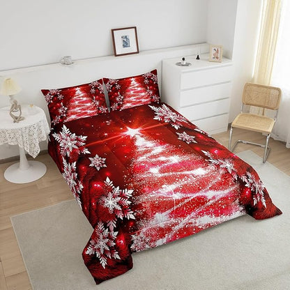 Feelyou Christmas Tree Comforter Set for Children Kids Boys Girls Luxury Chic Xmas Theme Bedding Set Glitter Snowflake Star Comforter Microfiber Red Duvet Set Room Decor Quilt Set Full Size