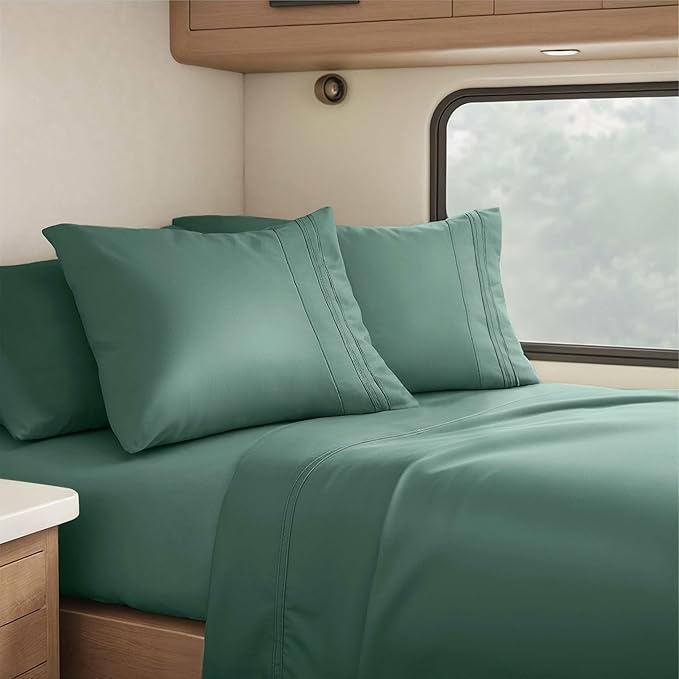 Clara Clark RV Short Queen Sheets - Hotel Luxury 6 Piece Bed Sheets for Short Queen Size Bed - Soft Bedding Sheets & Pillowcases, Fits Low Mattress up to 10 inch deep. Short Queen, Forest Green
