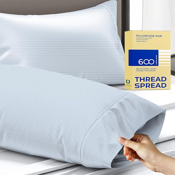 Thread Spread 100% Egyptian Cotton Pillow Cases Queen Size Set of 2 - Luxury 600 Series Bliss Collection Queen Pillow Cases (Light Blue Stripe), Soft Cooling Hotel Cotton Pillowcases, Sateen Finish