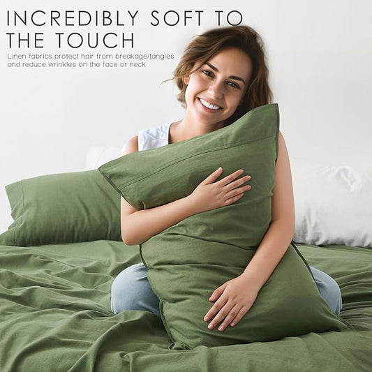 3Pcs Organic Linen Sheets Twin Size, 100% French Linen from Normandy, Breathable Forest Green Bed Sheets Twin Sheet Set with 16 Inch Deep Pocket, 1 Flat Sheet, 1 Fitted Sheet, 1 Pillowcases