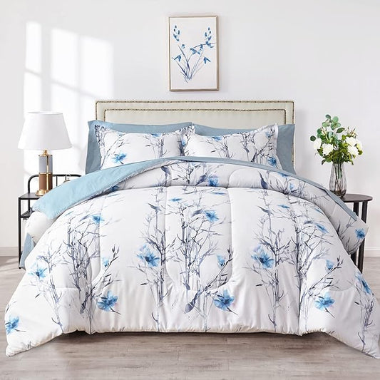 7 Piece Bed in a Bag Queen Comforter Set with Sheets, Blue Flower Branch on White Botanical Bedding Sets for All Season (1 Comforter, 2 Pillow Shams, 1 Flat Sheet, 1 Fitted Sheet, 2 Pillowcases)