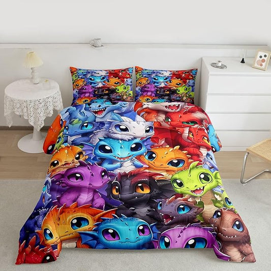 Feelyou Dragon Comforter Set All Season Dragon Stuff Bedding Set with 1 Pillow Cases Wild Life Kids Toddler Bedclothes Magic Wildlife Bedroom Decor Colorful Duvet Quilt Breathable Soft Lightweight
