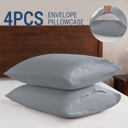Pillowcases Queen 4 Pack, 20x30 Pillow Cases with Envelope Closure, Soft Plain Brushed Microfiber Covers Breathable Wrinkle-Resistant, Gray