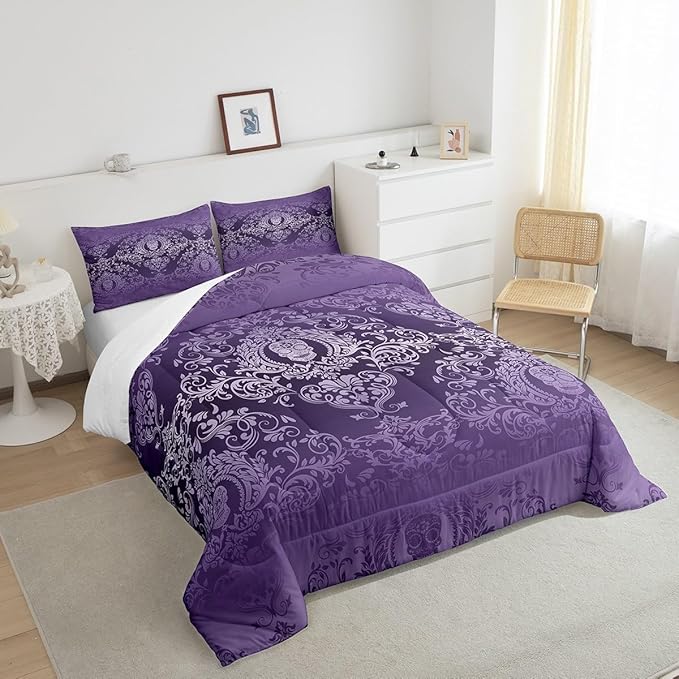 Feelyou Adults Purple Vintage Damask Floral Comforter Set Oriental Antique Comforter Twin Size Gothic Bohemia Boho Bedding Set Exotic Sugar Skull Duvet Set Quilt Set 2Pcs
