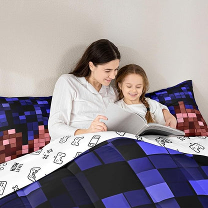Pixelated Miners Game Comforter Set King Size,Geometric Check Video Games Kids Bedding Set,Gamepad Grid Gaming Quilt Comforter,Blue Red Duvet Insert,2 Pillowcases