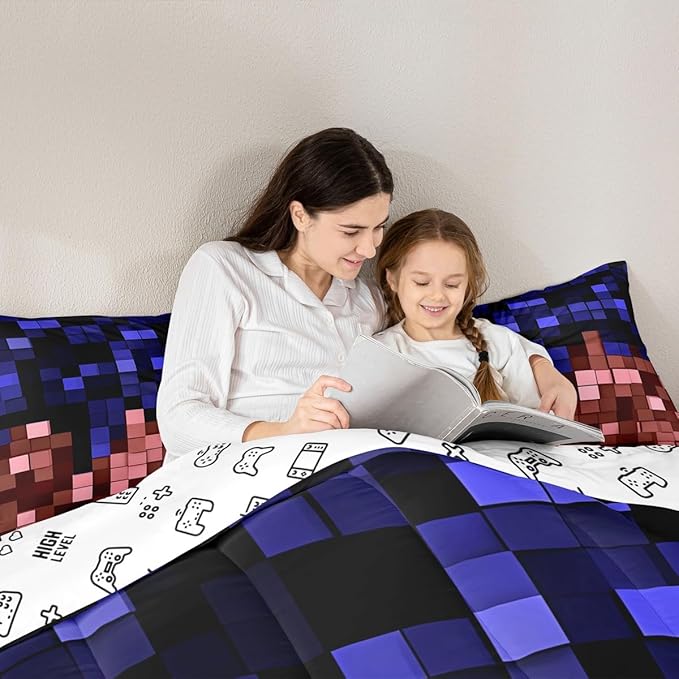 Pixelated Miners Game Kids Comforter Set Twin Size,Geometric Check Video Games Bedding Set Boys Girls Room Decor,Gamepad Grid Gaming Quilt Comforter,Blue Red Duvet Set Bedroom Quilt Set,1 Pillowcase