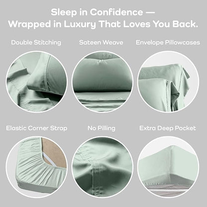 Olive + Crate Tencel Lyocell Eucalyptus Queen Size Sheet Set - Cooling Tencel Sheets for Hot Sleepers with 18 Inch Deep Pocket Fit - Spring Sage 4-Piece Set