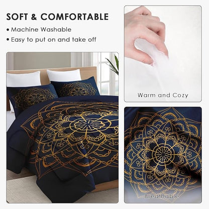 Twin Size Comforter Set with Pillowcase, Navy Blue Boho Gold Mandala Soft 2 Pcs Bedding for Kids and Adults Bedroom Bed Decor