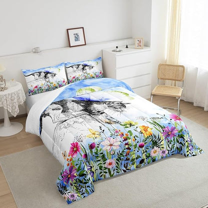 Erosebridal Cat Comforter Colorful Flower Bedding Set Cute Pet Animal Down Queen Butterfly Floral Leaves Plant Duvet Black and White Kawaii Farmhouse Room Decor Blue 3Pcs Warm Soft