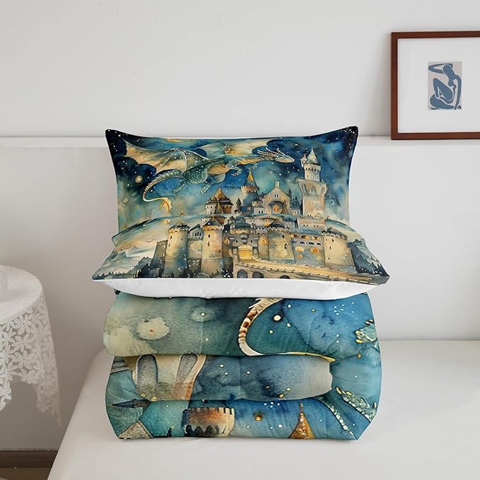 Flying Dragon Comforter Set,Cartoon Castle Bedding Set for Kids Girls Women,Adults Dreamy Starry Sky Comforter,Fairy Tale Theme Quilted Duvet Set Bedroom Collection Twin Size 2Pcs