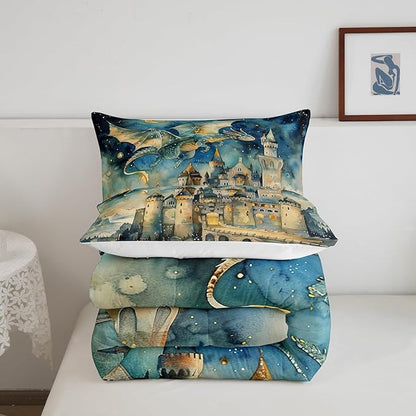 Cartoon Dragon King Size Comforter Set,Kids Watercolor Castle Decor All Season Bedding Set,Teens Dreamy Starry Sky Comforter,Fairy Tale Theme Decor Quilt Set Bedroom Collection 3Pcs