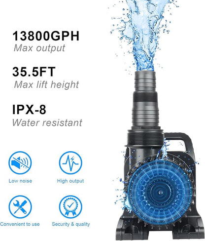 13800 GPH 1100W IPX8 Extra Large Submersible Pond Pump | 32.8FT long power cord, smart quiet fountain pump for Koi fish, garden yard patio duck outdoor, comes with barrier filter bag