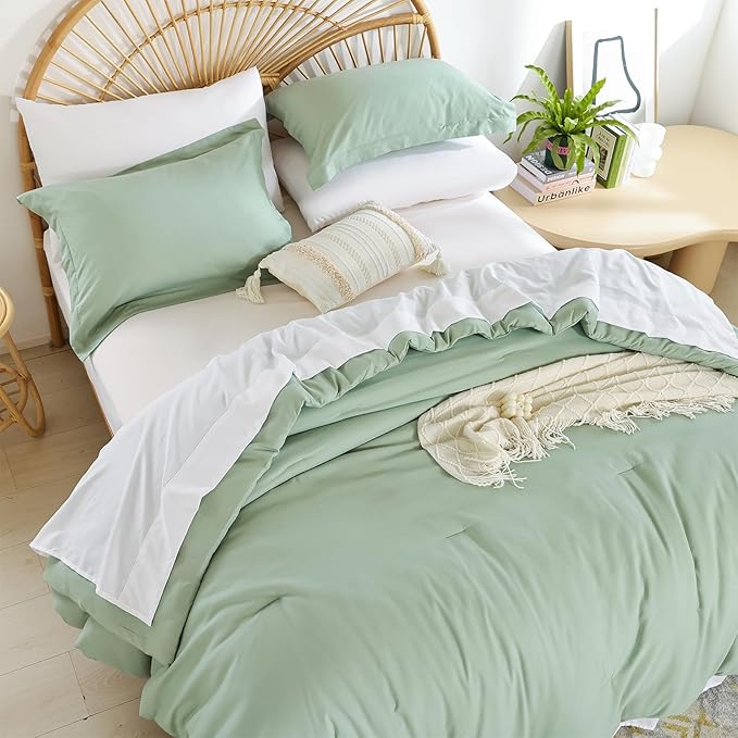 weigelia Bedding Set - 7pcs Sage Green Comforter Set for Queen Bed with Microfiber Sheets, Pillow Shams and Pillowcases - All Season Boho Style