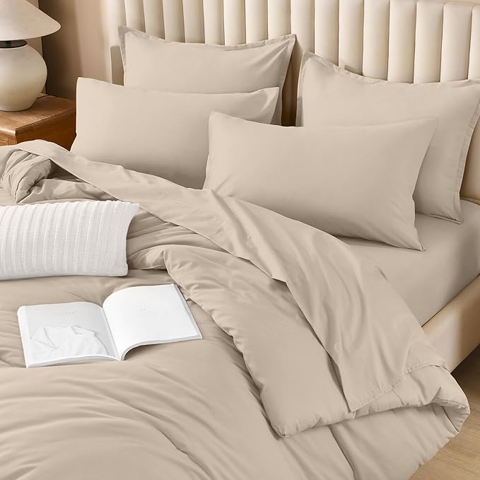 Litanika Comforter California King Size Set Khaki - 7 Pieces Bed in a Bag California King Bedding Comforter Sets, Plain Lightweight Bed Set with Comforter, Sheets, Pillowcases & Shams