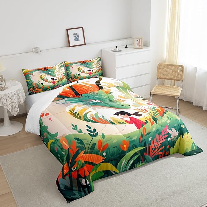 Dragon Cute Girl Comforter Set King Size,Cartoon Floral Green Weed Bedding Set for Kids Boys Teens Room Decor,Colorful Flower Animals Duvet Insert 3Pcs,Watercolor Fantasy Quilt Set,2 Pillowcases