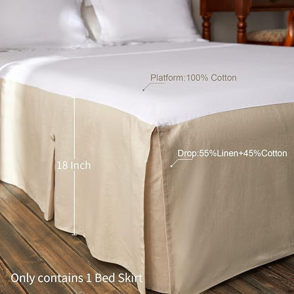 BISELINA French Linen Bed Skirt Split Corner with Button 18-Inch Tailored Drop Natural Flax Cotton Blend Basic Dust Ruffle Soft Cozy (18" Queen,Button Linen)