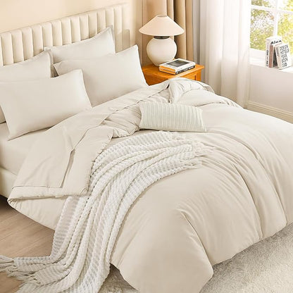 Litanika California King Comforter Set Beige - 7 Pieces Bed in a Bag Cal King Bedding Comforter Sets, Plain Lightweight Bed Set with Comforter, Sheets, Pillowcases & Shams