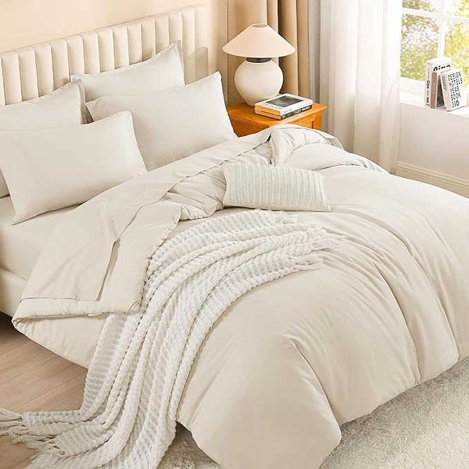Litanika Beige Bed in a Bag Full - 7 Pieces Full Size Comforter Sets Bedding Comforter Sets, Solid Fluffy Bed Set with Comforter, Sheets, Pillowcases & Shams