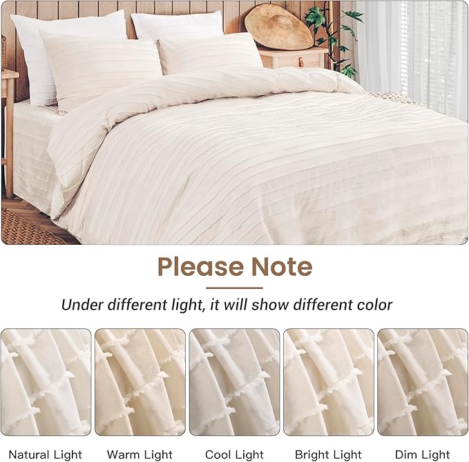NEXHOME PRO Duvet Cover Queen,Beige 3 Pieces Boho Tufted Duvet Cover Set, Soft and Lightweight 100% Washed Microfiber Comforter Cover Set for All Season(Beige Queen, 90 x 90)-No Comforter