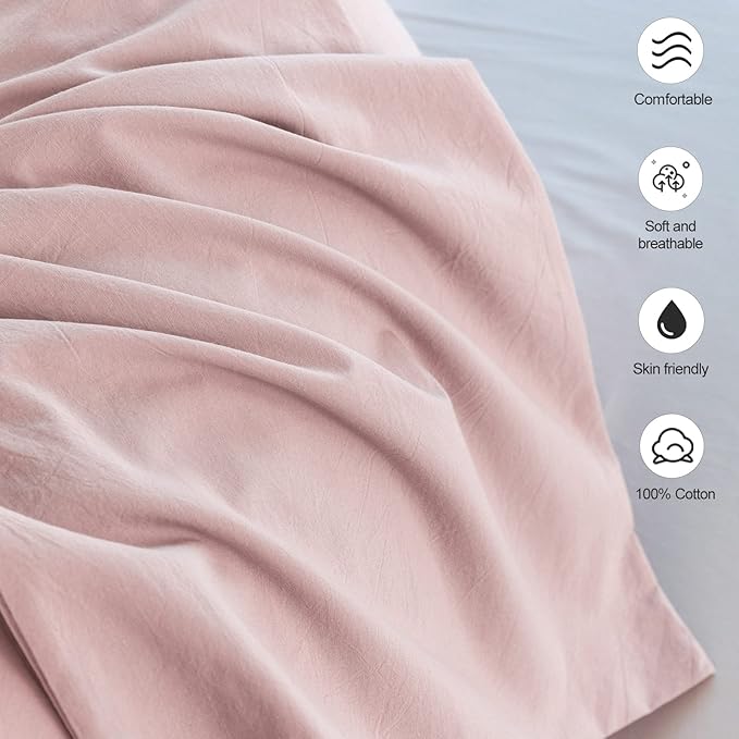 MooMee Bedding Pillowcases Pack of 2 100% Washed Cotton Linen Like Textured Breathable Durable Soft Comfy (Heathered Greyish Pink, Queen)
