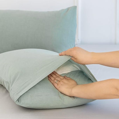 MooMee Bedding Pillowcases Pack of 2 100% Washed Cotton Linen Like Textured Breathable Durable Soft Comfy (Heathered Sage Green, King)